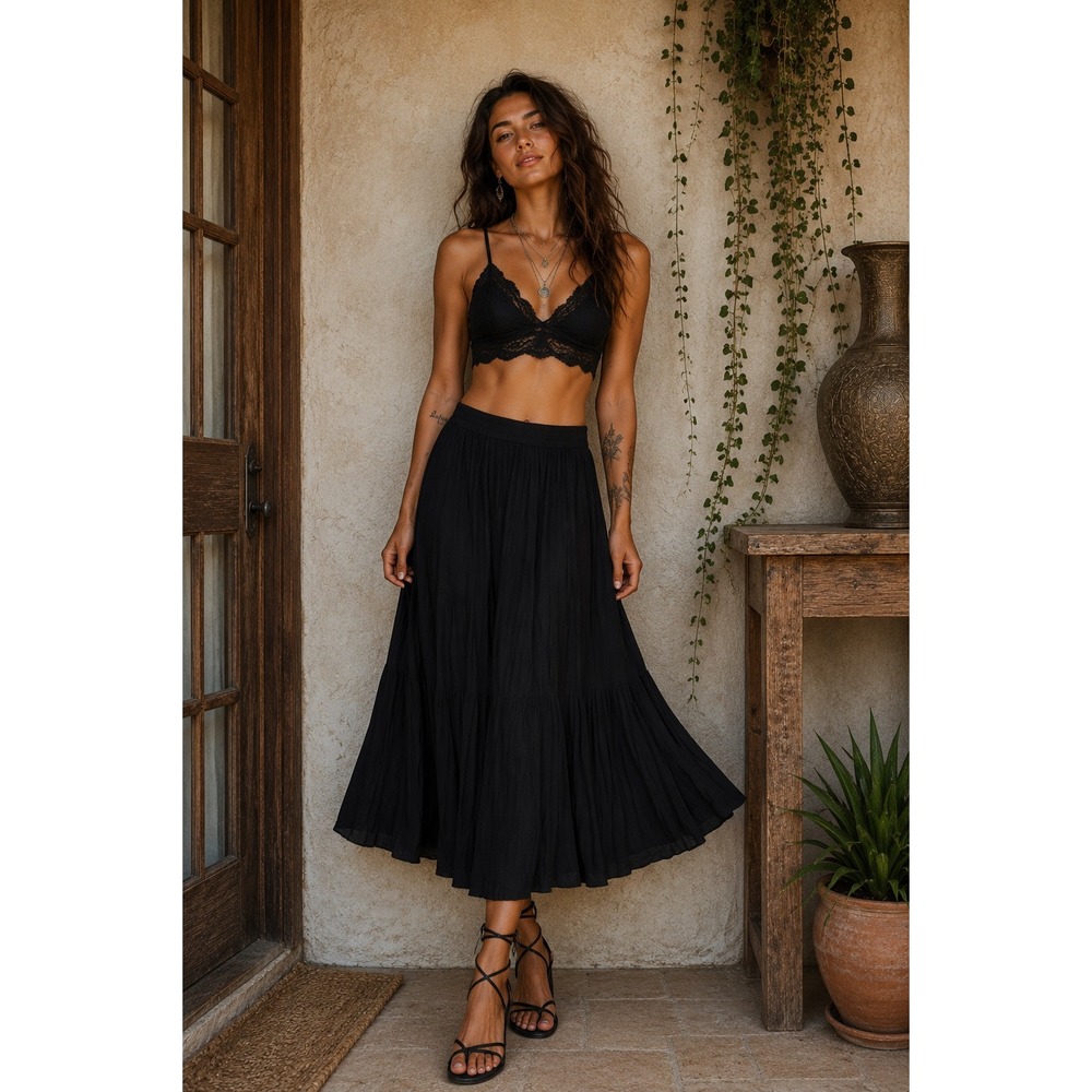 Agapo Boho Black Tiered Gauze Pull On Maxi Skirt Whimsigoth Boho Peasant PM